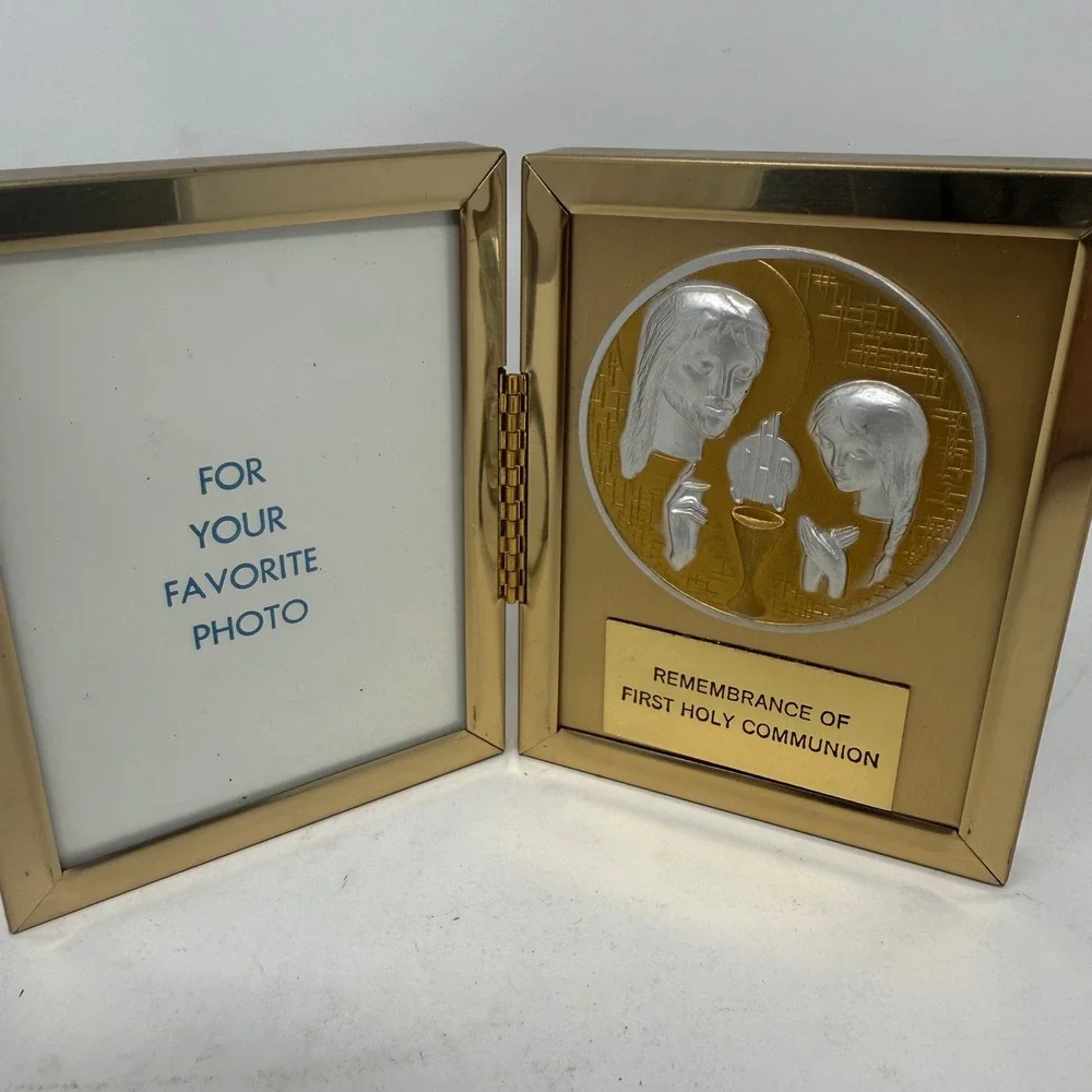 Vintage First Holy Communion Gold Tone Folding Picture Frame Religious Medallion
